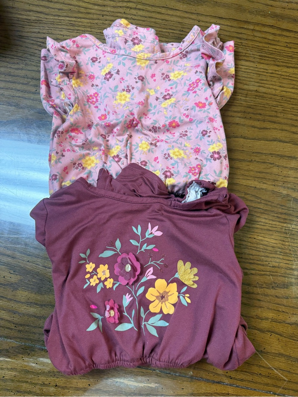 Girls Floral Ruffle Sleeve Top - Pink & Maroon